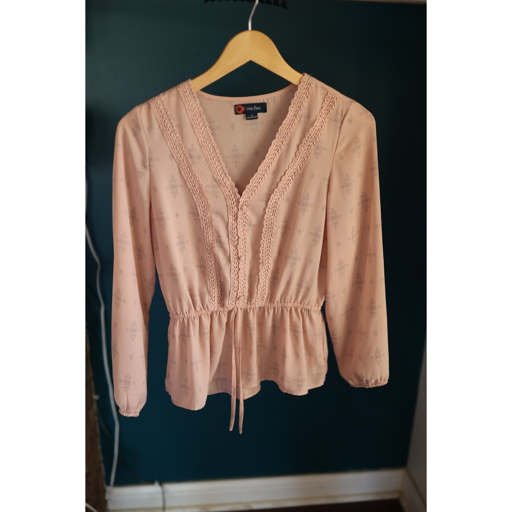Indigo Poppy Womens Pale Pink Blouse Long Sleeve Embroidered Top Size S